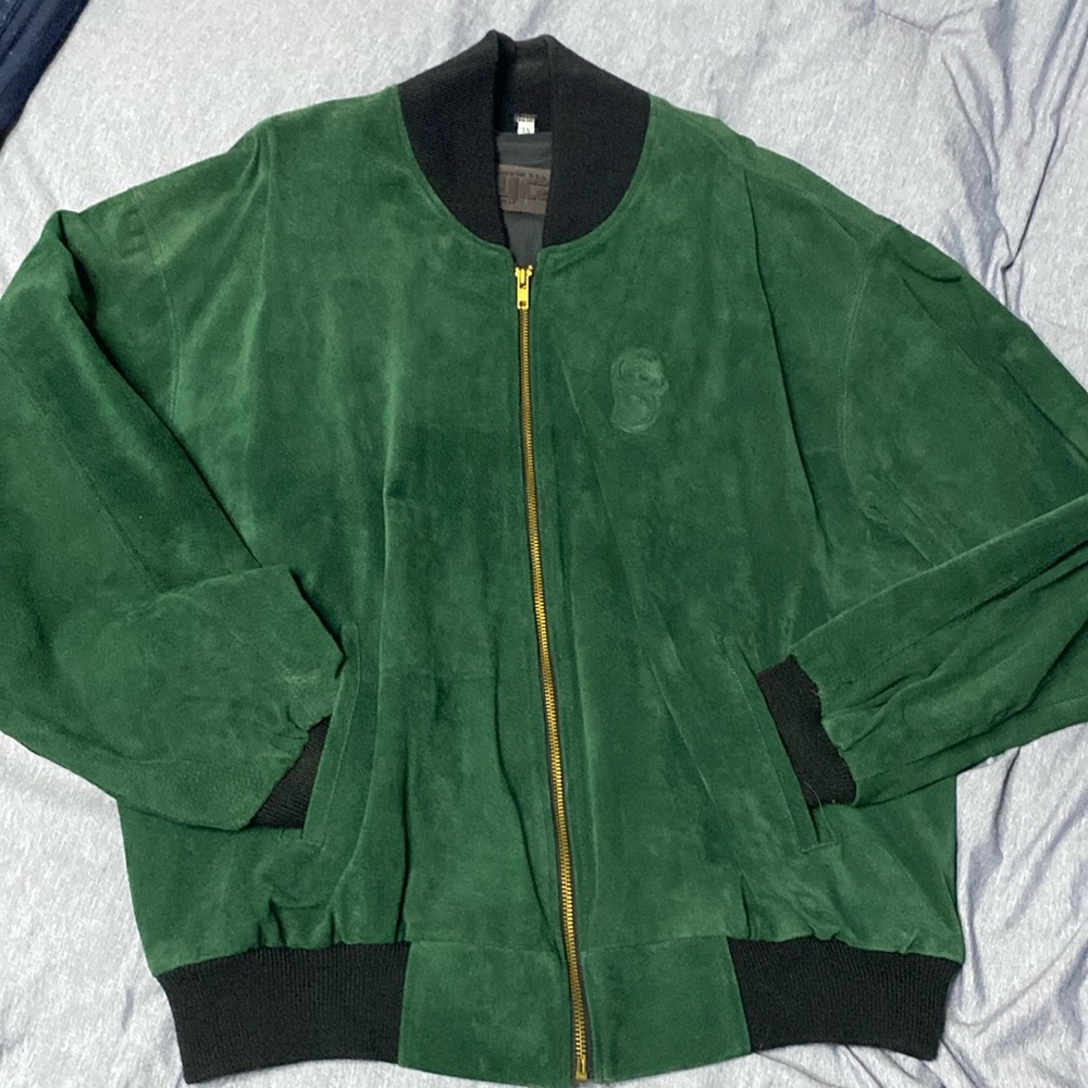 Vintage George Strait Leather Team Roping Jacket, Green with Black Trim, XL